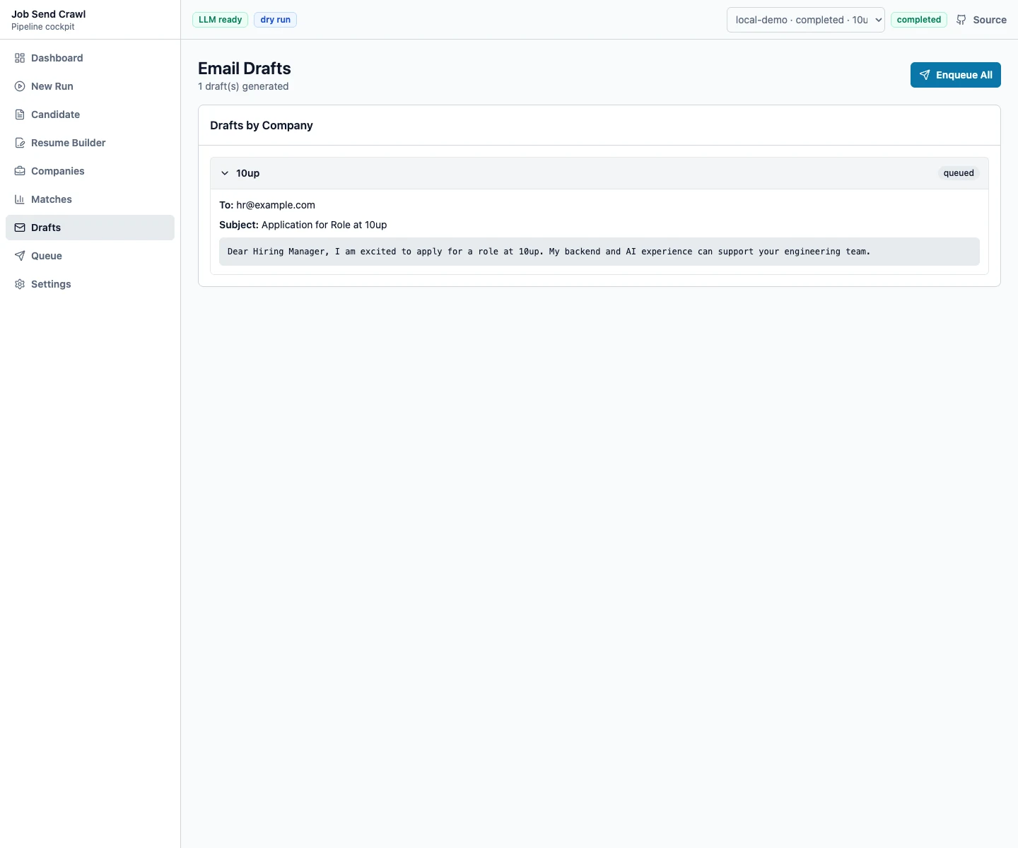 Job Send Crawl generated draft review interface