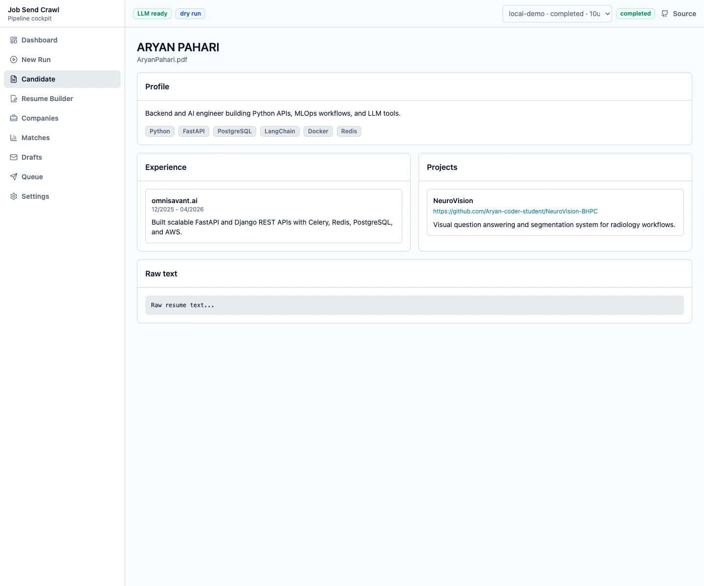 Job Send Crawl candidate workspace showing parsed candidate information