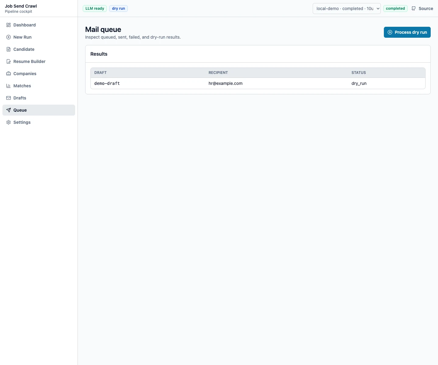 Job Send Crawl mail queue showing a dry-run processing result