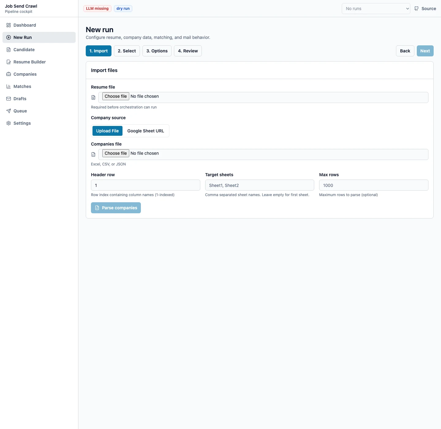 Job Send Crawl new run wizard for importing a resume and company data